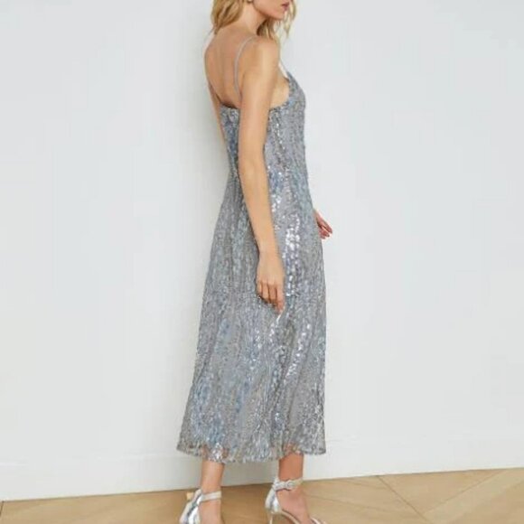 L'AGENCE Achilles Cowlneck Slip Midi-Dress SILVER BLUE SEQUIN Size 4 - Picture 3 of 12
